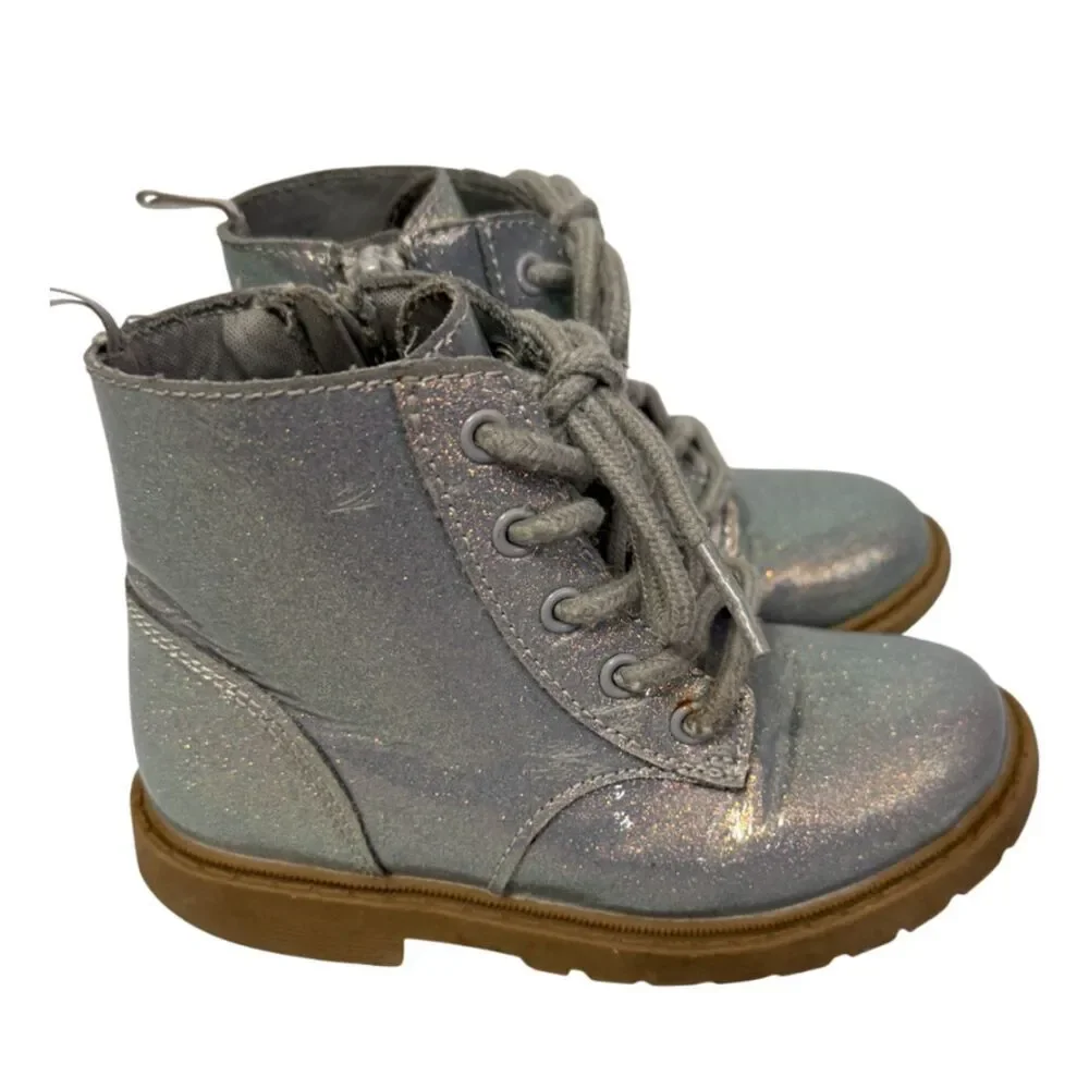 Old Navy Silver Glitter Metallic Lace Up Booties Size 8